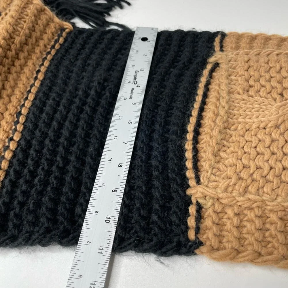 OVersized Scarf Black Brown Tan Chunky Knit Pockets Fringe NEW Cozy Gift Warm